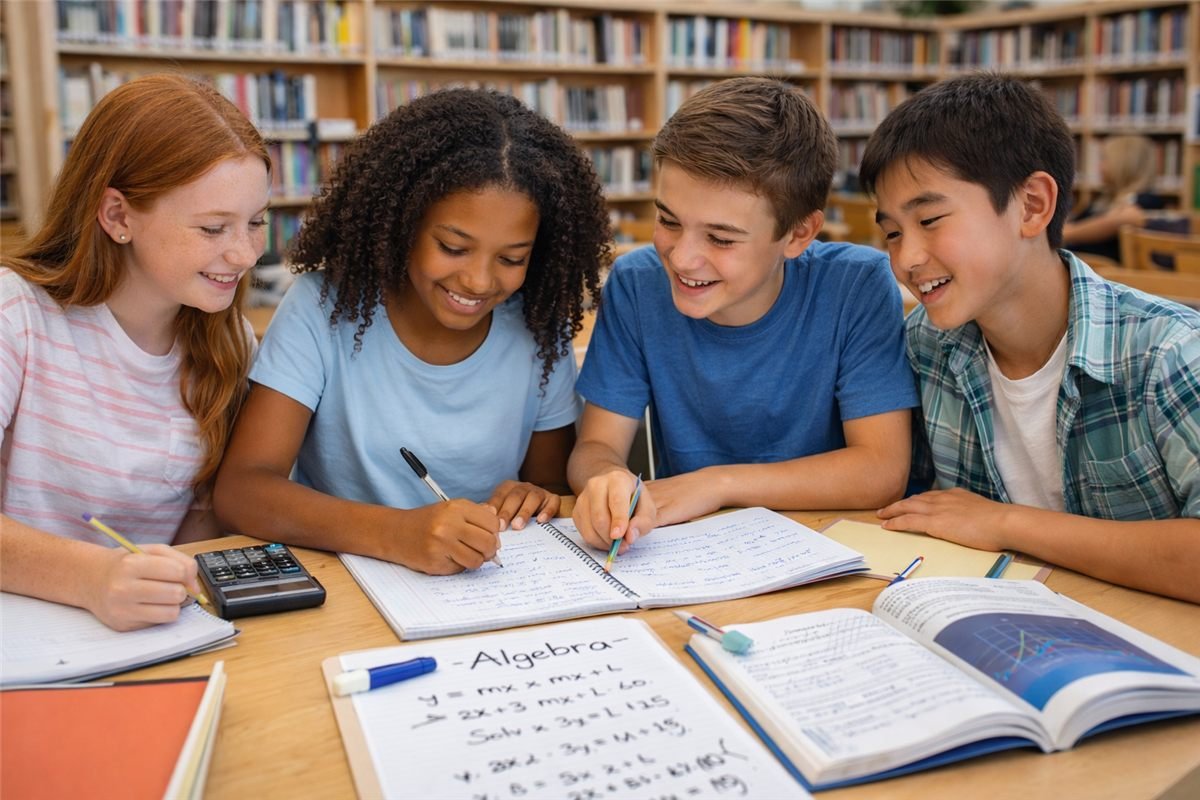 Middle school kids studying together